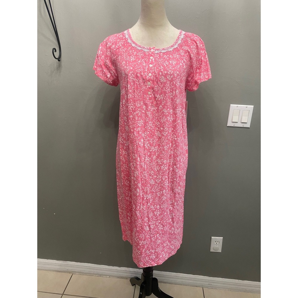 Aria Collection Pink Floral Short Sleeve Nightgown Lace Trim Button‎ Front Small